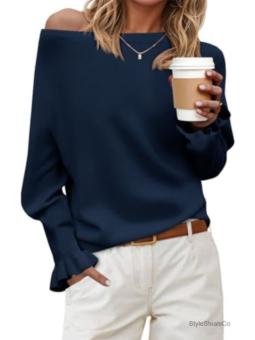 Women's Boat Neck Pullover Sweater Long Sleeve Ruffle Ribbed Knit Top